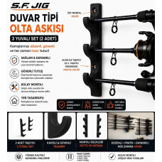Duvar Tipi Olta Askısı 3 Yuvalı 2’li Set – Siyah Kamış Tutucu ve Düzenleyici